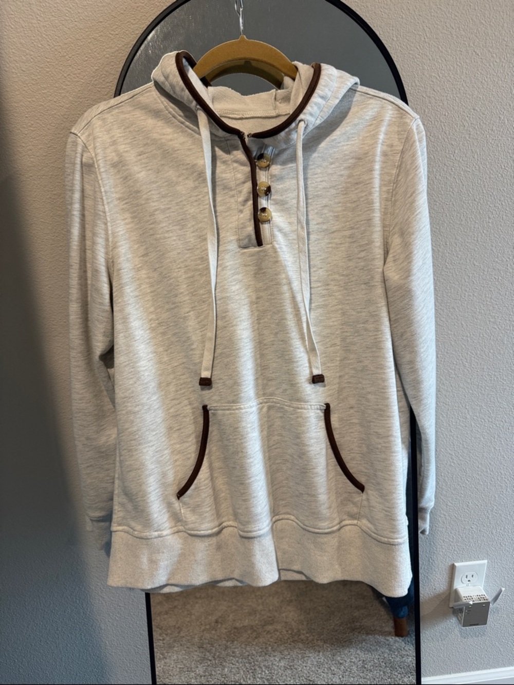 Light Gray Hoodie Sweatshirt with Brown Trim